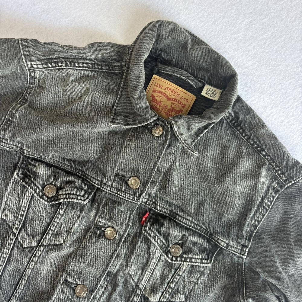Levis Womens Ex-Boyfriend Trucker Denim Jacket Dark Washed Black Gray Size XS
